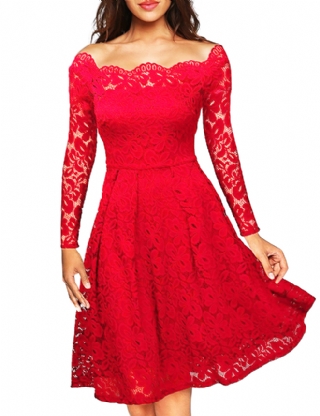 Long Sleeve Fashion Red Lace Midi Dress