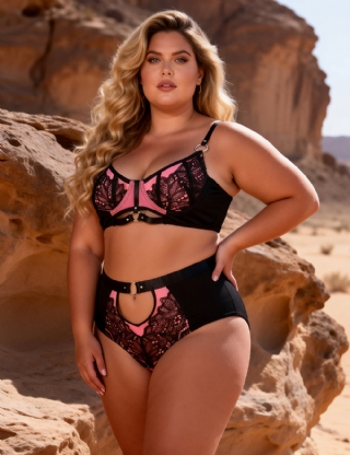 Plus Size Pink Exquisite Sexy Lace Splice Bra Set With Underwire