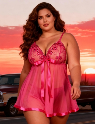 Pink See-through Plus Size Nightdress Sexy Rhinestone Sleepwear