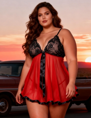Black Red Sexy Rhinestone Plus Size See-through Nightdress