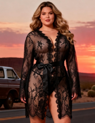 Sexy Long Sleeve Eyelash Black Lace Short Plus Size Sleepwear With Thong