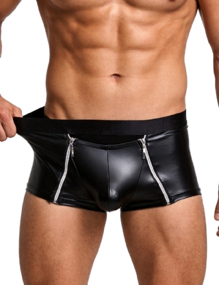 Black Sexy Men Zipper PU Leather Boxer 