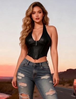 8 Pieces Boning Black Halter Neck Deep V Zippered Faux Leather Corset