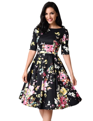 Half Sleeve Black Vintage Style Floral Swing Dress