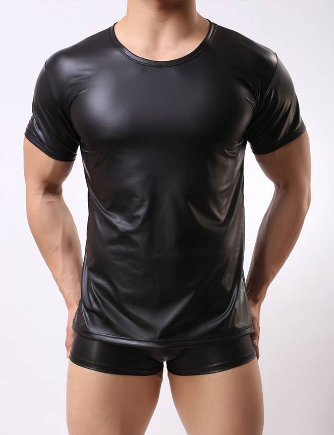 Men‘s Leather Underwear Short Sleeve Tshirt Undershirt Lingerie Top