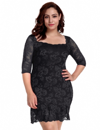 Plus Size Black Sexy Round Neck Lace Bodycon Dress