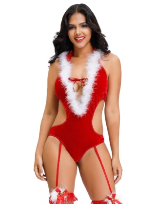 Deep V-neck Backless  Red Color Christmas Romper Costume