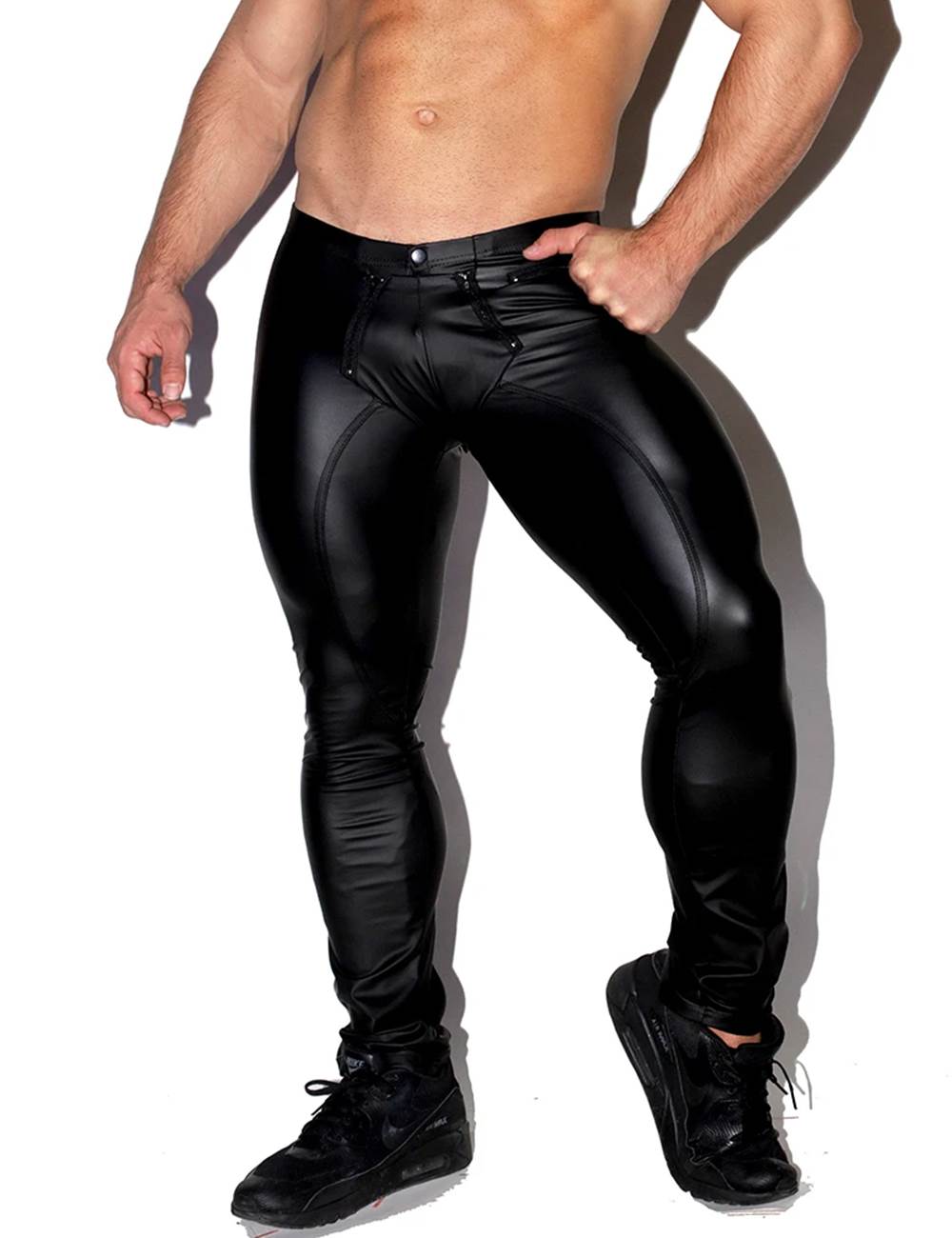 Mens Open-crotch Black Leather Sex Jeans Trousers Pants Men