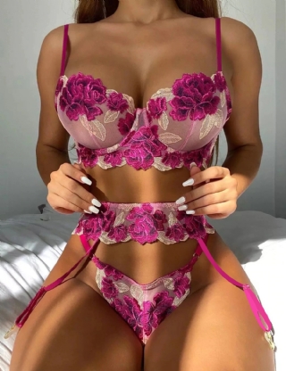 Dark Pink Floral Underwire Garter Bra Set