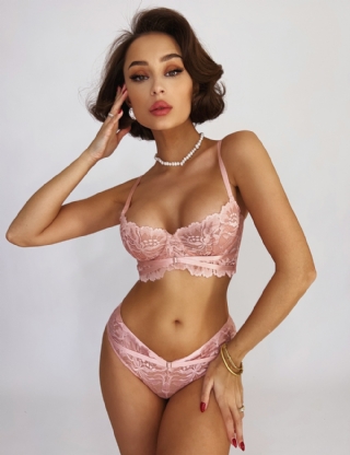 Pink Floral Lace Adjustable Strap Underwire Bra Set