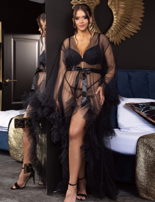 Long Black Sexy Ruffled Trumpet Sleeves Robe With Belt