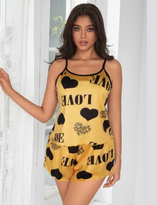 Yellow Print Suspender Home Wear Pajama Set