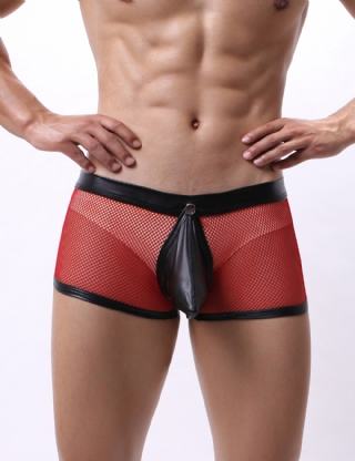 Red Sexy Mesh Openable Crotch Imitation Leather Men's Boxer Underwear