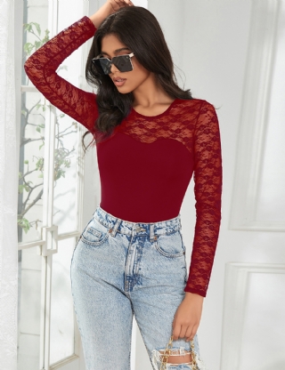Long Sleeve Openable Crotch Lace Burgundy Bodysuit
