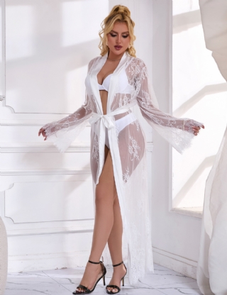 White Sexy Lace Satin Mesh Long Nightgown With Belt