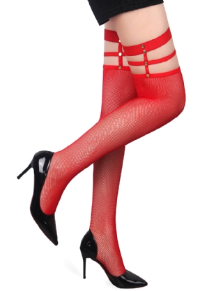 Red Sexy Small Mesh Elastic Rivet Fishnet Stockings