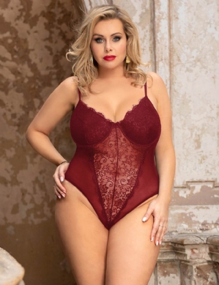 Plus Size Crotch Open Red High Quality Lace Splicing Sexy Teddy With Underwire