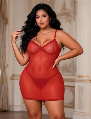 Red Sexy Mesh Strappy Lingerie With A Lace-Up Back