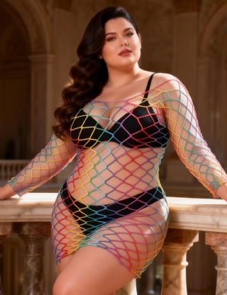Rainbow Colorful Long Sleeve Fishnet Bodystocking