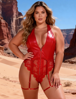 Red Sexy PU Leather Lace Zippered Halter Bodysuit