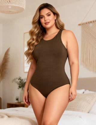 Brown Simple Sleeveless Open Crotch Bodysuit