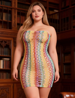 Rainbow Colorful Off Shoulder Fishnet Bodystocking