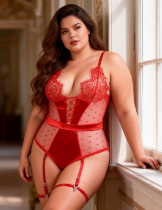 Plus Size Red Satin Lace Stitching Teddy With Garter