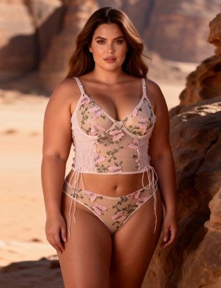 Plus Size Butterfly Pattern Embroidery Mesh Lingerie Set With Underwire