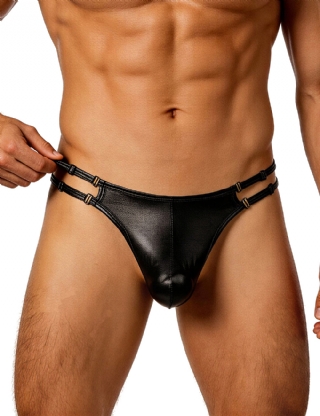 Black Faux Leather Men Sexy Thong With Double Adjustable Straps