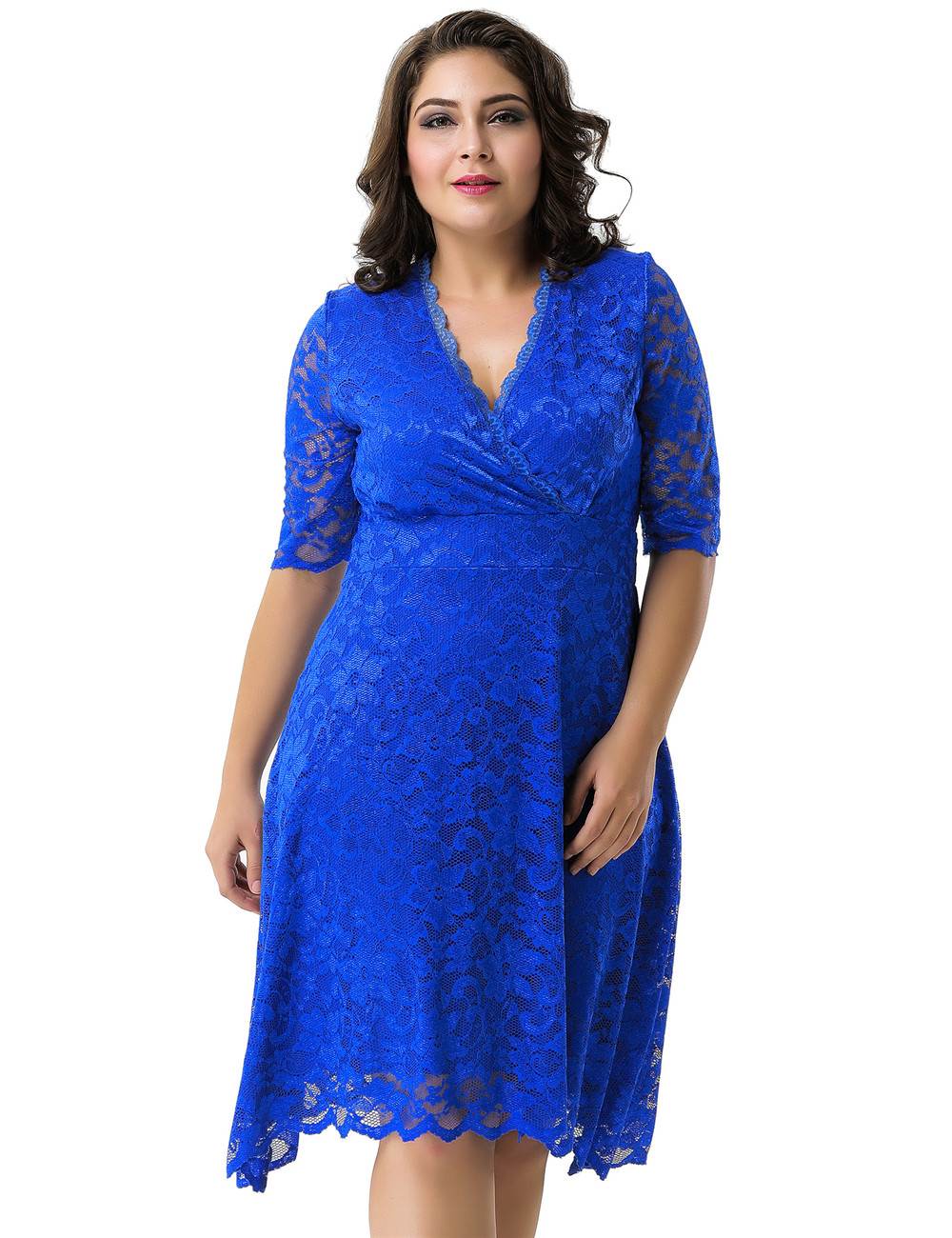 Plus Size Blue Lace V Neck Dress | Ohyeahlady