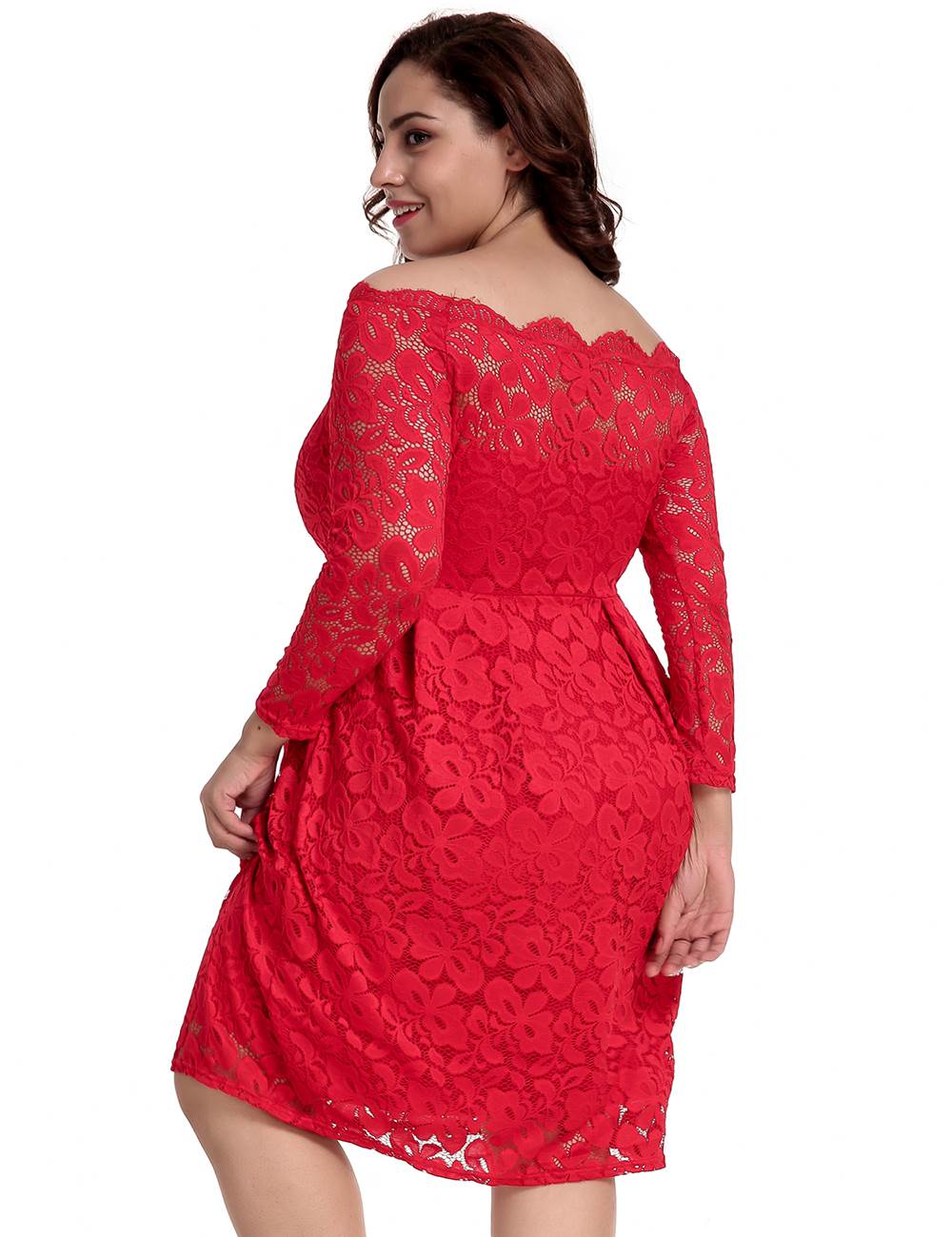 Plus Size Long Sleeve Fashion Red Lace Midi Dress | Ohyeahlady