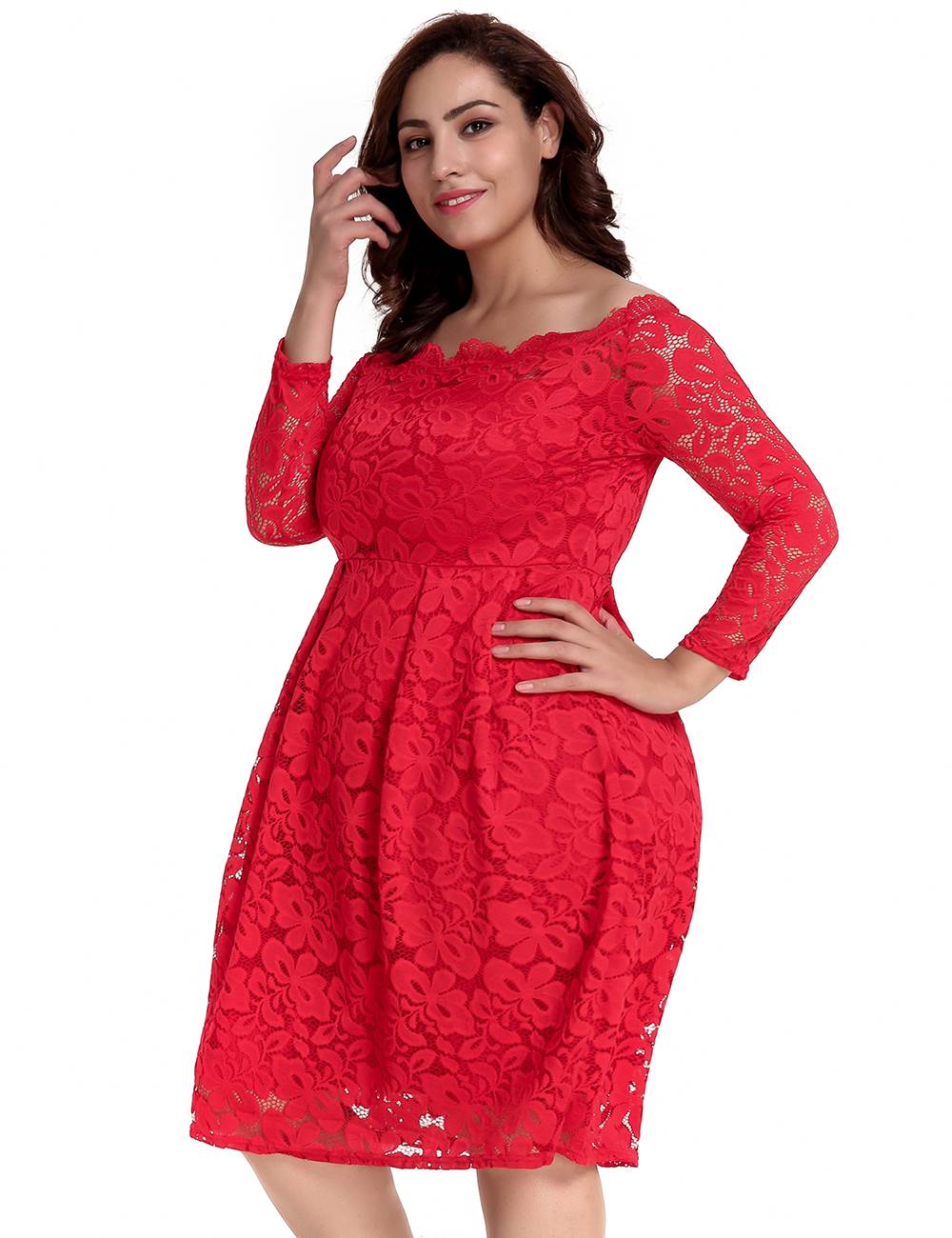 Plus Size Long Sleeve Fashion Red Lace Midi Dress | Ohyeahlady